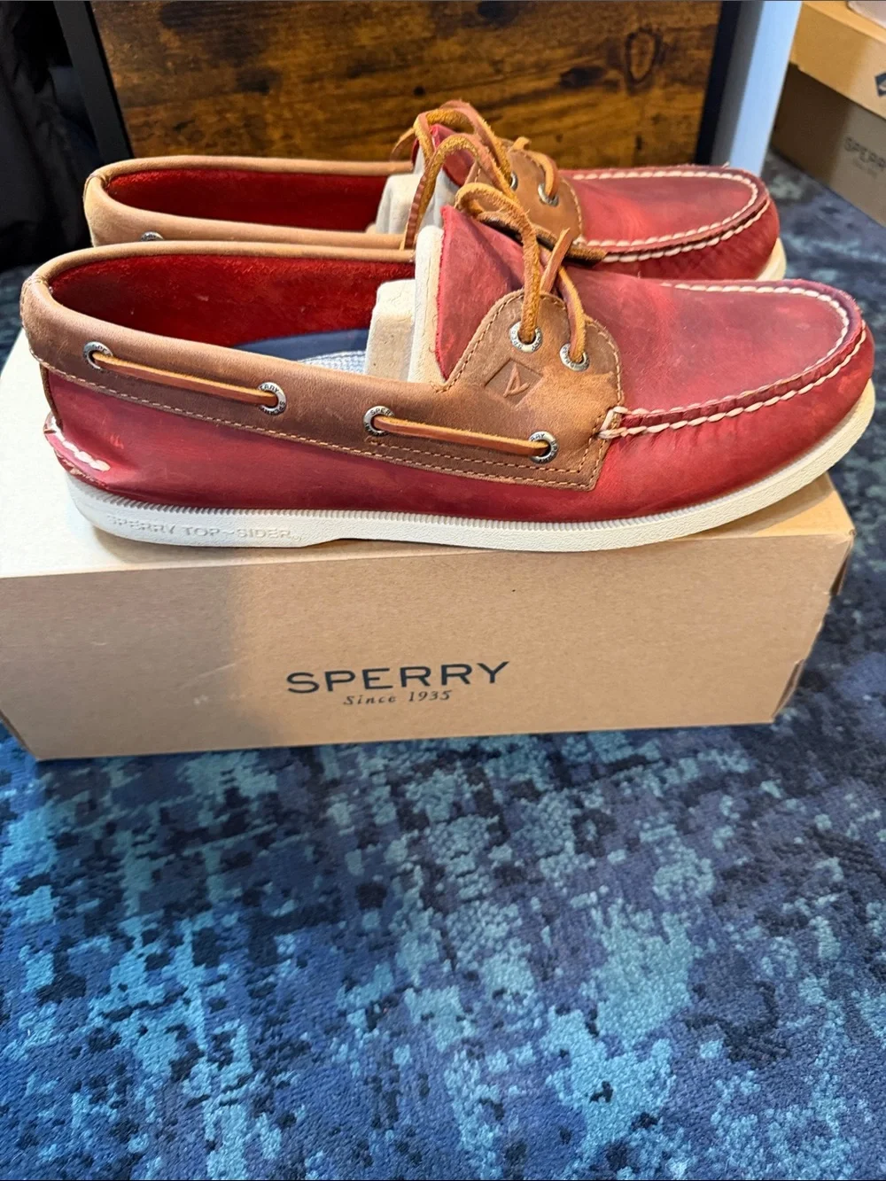 Sperry Red Leather Boat Shoes with Tan Trim